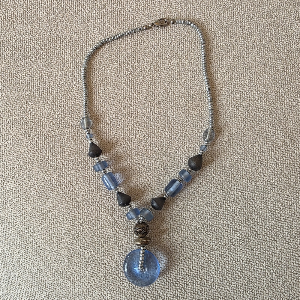 Blue and Gray Glass Beaded Necklace With Disc Pendant